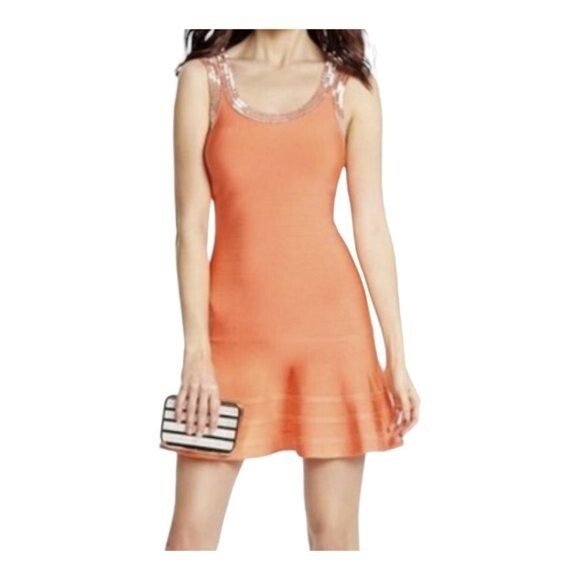 MARCIANO Coral Bodycon Bandage Mini Cocktail Party Dress Flared Hem Size‎ XS - Picture 1 of 13
